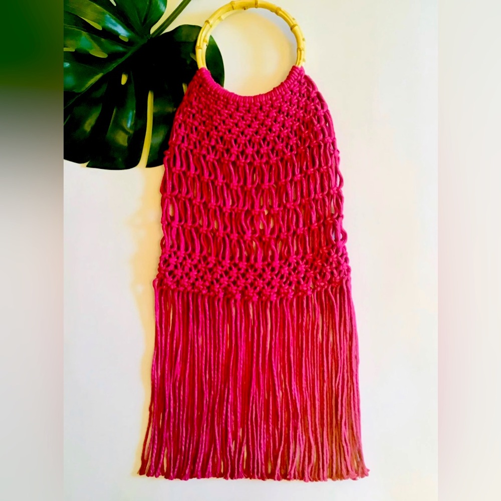 Raspberry Pink Boho Fringe Macrame Bag with Wooden Handles